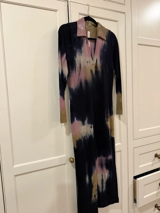 Raquel Allegra Long-Sleeve Tie-Dye Maxi Dress in Black, Pink & Olive - Picture 2 of 3